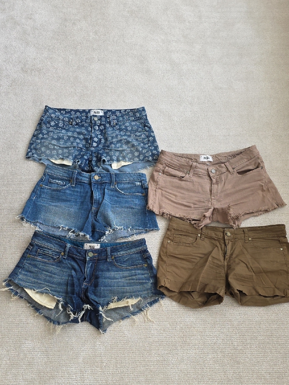 PAIGE 5 Pair  Denim and Cotton Cutoff Shorts - Blue, Light Brown, Olive